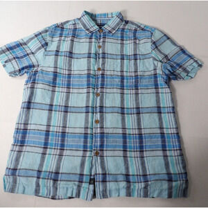 Tommy Bahama Linen Shirt Sz Large Plaid Blue Short Sleeve Casual Preppy Vacay